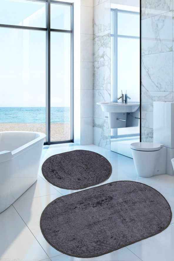 Nova Antrasit Oval 60x100 + 50x60 cm 2li Banyo Paspası Seti Kaymaz Tabanlı Klozet Takımı ürün görseli 1