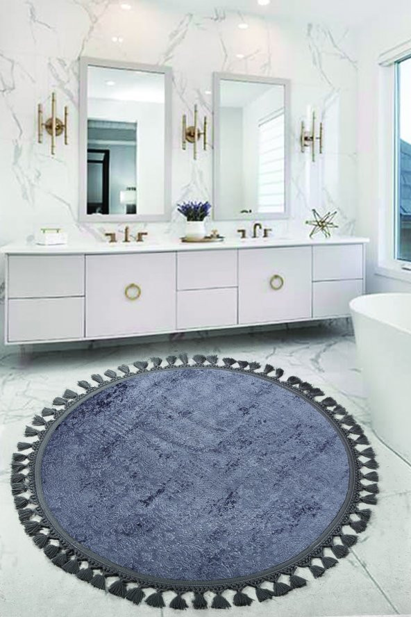 Nova Antrasit Yuvarlak 100x100 Cm Ponpon Saçaklı Kaymaz Tabanlı Makinede Yıkanabilir Banyo Paspası ürün görseli 1