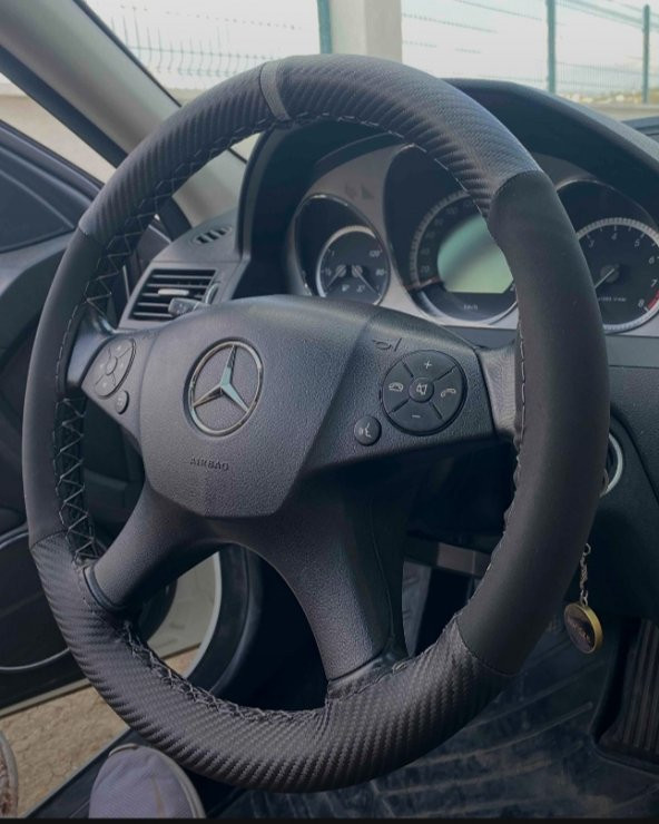 OTO DİREKSİYON KILIFI KARBON ALKANTRA YÜZÜKLÜ MODEL GRİ DİKİŞLİ ürün görseli 1