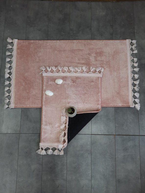 Elite Pudra Pembe Ponpon Saçaklı Peluş 2li Banyo Paspası Halısı Kaymaz Taban Klozet Takımı Püsküllü ürün görseli 1