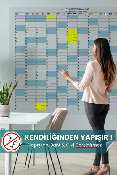 2025 Yıllık Takvim Planlayıcı Çizelgesi Yeri Değiştirilebilir, Statik Tutunan Pratik Akıllı Kağıt ürün görseli 1