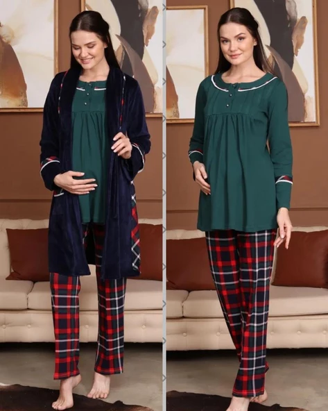 BirolGaye Bone Club 5710 Kadife Hamile Lohusa 3 Lü Pijama Sabahlık Tk ürün görseli 1