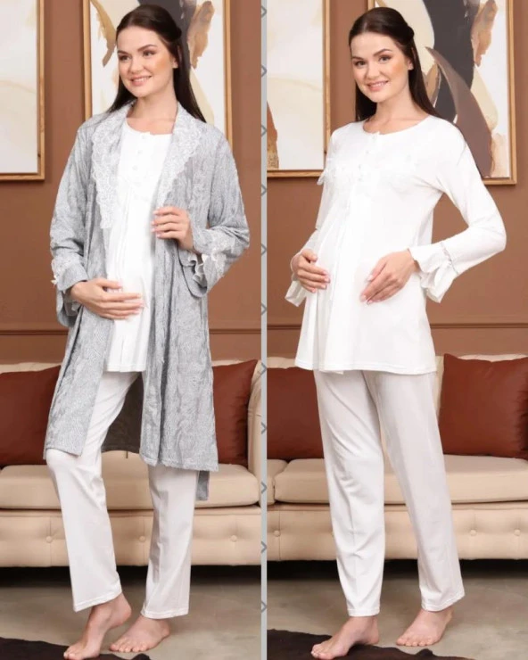 BirolGaye Bone Club 5706 Ekru Jakarlı 3Lü Hamile Lohusa Pijama Sabahlık Tk ürün görseli 1