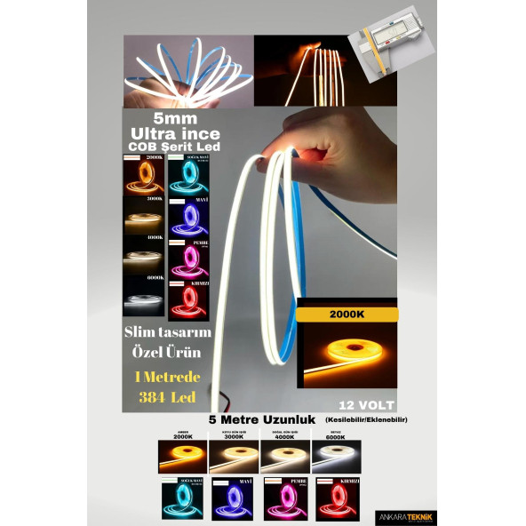 Ultra Ince 5mm. Kalınlık Cob Şerit LedNeon Gibi Yanar. 1 Metrede 384 Led ürün görseli 1