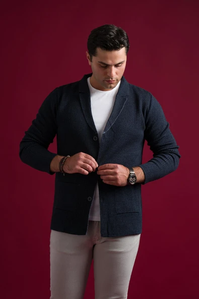 Slimfit Mono Yaka Torba Cepli Kendinden Çizgili Erkek Triko Hırka ürün görseli 1