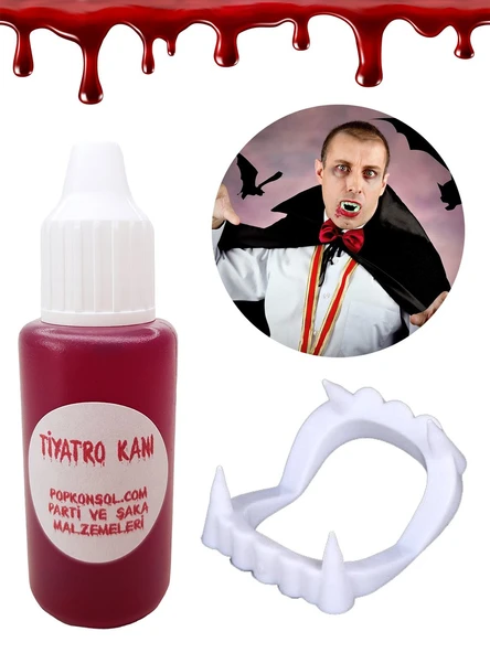 Vampir Kanı Ve Vampir Dişi Set Yapay Kan Parti Şaka Malzemesi Beyaz ürün görseli 1