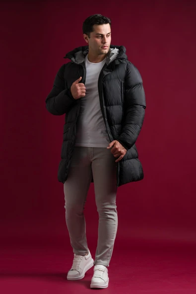 Slimfit Kapşonlu Çıtçıt Ve Fermuar Kapamalı Yan Ve Gögüs Fermuar Cepli Yoğun Elyaf Dolgulu Uzun Mont ürün görseli 1