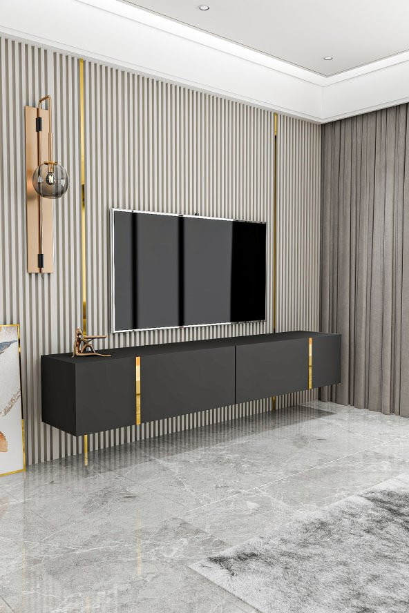 Givayo Mobilya Su Tv Ünitesi Antrasit Altın 150 Cm Duvara Monte Ayaklı Kullanım ürün görseli 1