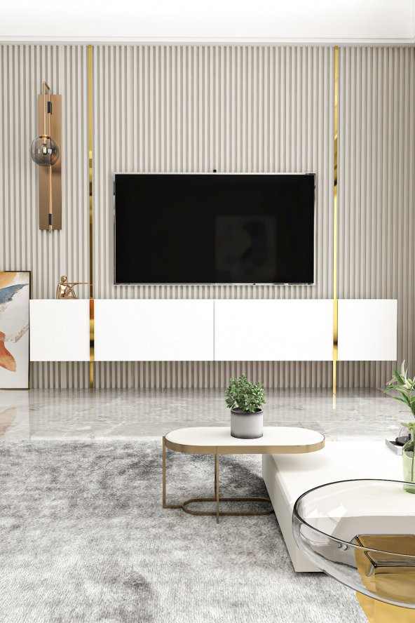 Givayo Mobilya Su Tv Ünitesi Beyaz Altın 150 Cm Duvara Monte Ayaklı Kullanım ürün görseli 1
