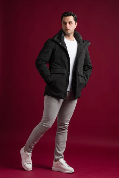 Slimfit Kapşonlu Çıtçıt Ve Fermuar Kapamalı Kapak Cepli Elyaf Dolgulu Astarlı Yan Cepli Uzun Mont ürün görseli 1