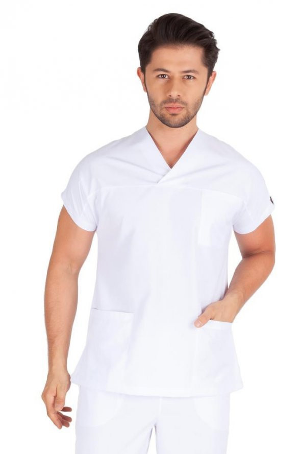 Erkek Doktor Hemşire Forması Scrubs Alpaka Kumaş Hastane Nöbet Tek Üst (Zarf Yaka Yarasa Kol) ürün görseli 1