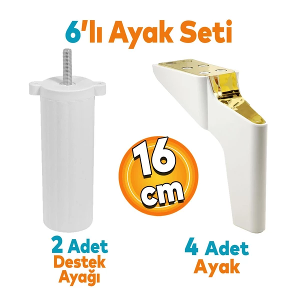 Logan 6'lı Set Mobilya Tv Ünitesi Koltuk Kanepe Destek Ayağı 16 Cm Beyaz Altın Ayakları M8 Civata ürün görseli 1