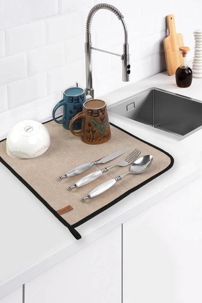 Microfiber Bulaşık Kurutma Matı 46x36 cm Kurulama Bezi Kurutma Örtüsü Tezgah Üstü Bej ürün görseli 1