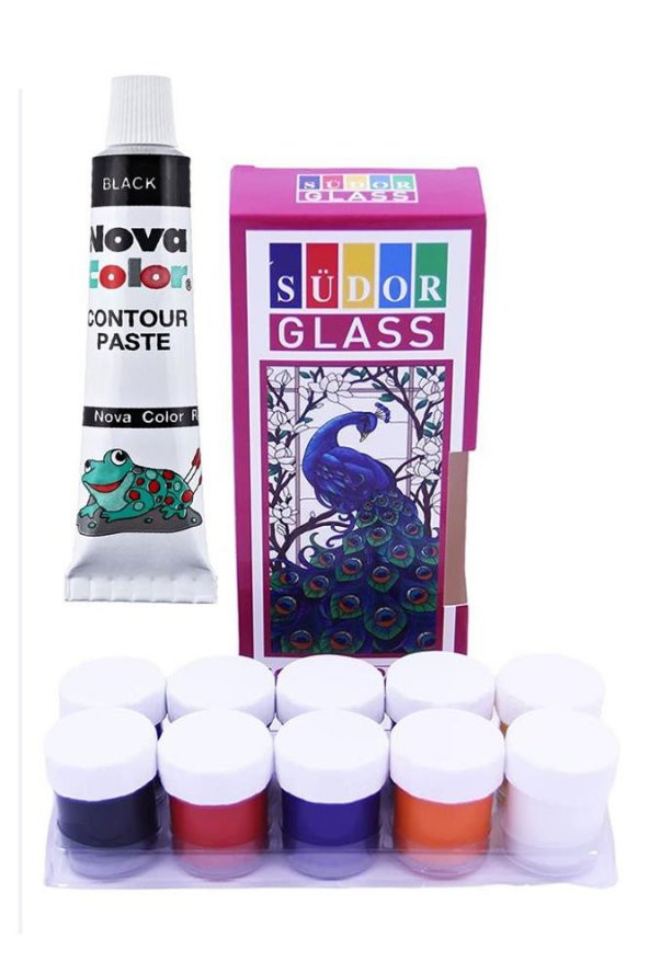 Cam Boyası 10 Renk 15 ml ve Siyah Kontur Boyası 1 Paket Cam Vitray Boyama Seti Cam Boyama Seti ürün görseli 1