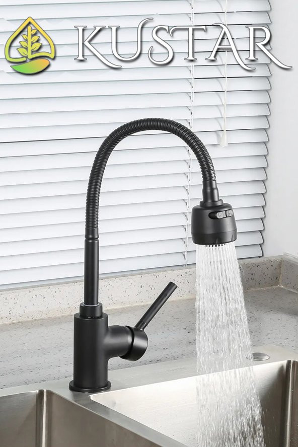 Kustar 2 Fonksiyonlu Spiralli 360 Derece Döner Borulu Tam Siyah Asur Banyo Lavabo Bataryası ürün görseli 1