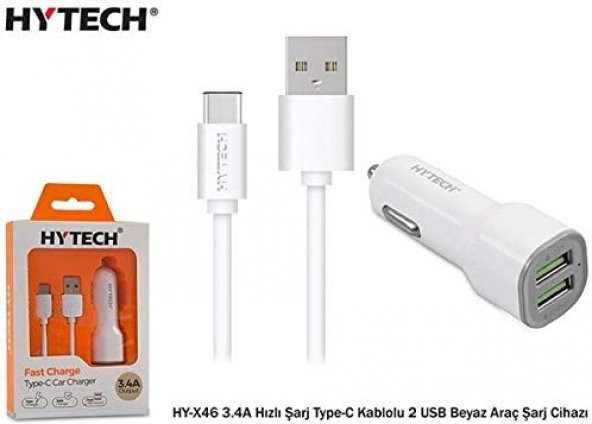 Hytech HY-X46 3.4A Hızlı Şarj Type-C Kablolu 2 USB Beyaz Araç Şarj Cihazı ürün görseli 1