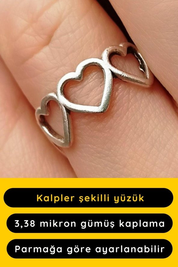 Kalpler Şekilli Kadın Yüzük Gümüş Kaplama Ayarlanabilir El Yapımı Yüzük ürün görseli 1