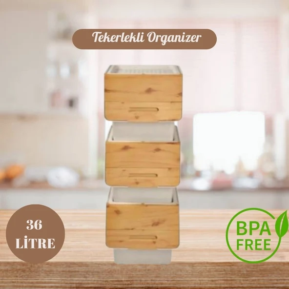 Motek Patateslik Soğanlık Sepeti Oyuncak Kutusu Tekerlekli Organızer Çok Amaçlı Kutu 3X12Lt-Bambu+Krem ürün görseli 1