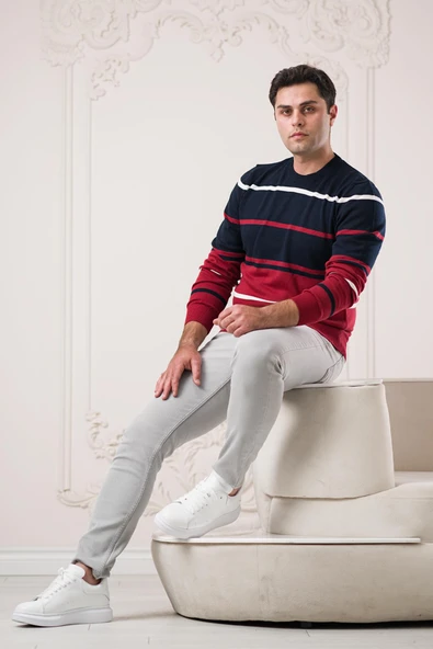 Dorss Slimfit Bisiklet Yaka Çizgili Pamuklu Erkek Spor Kazak ürün görseli 1