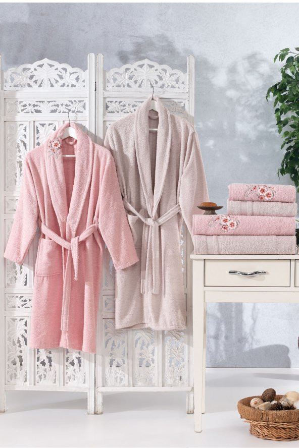 Family Nakışlı Pembe & Kapuçino Aile Bornoz Seti 6 Parça Çeyizlik Kadın Erkek Banyo Havlu Takımı ürün görseli 1