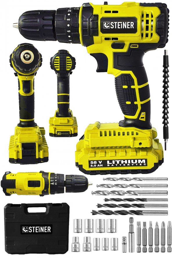 STEİNER Alman 58 V 5 Ah Darbeli Lityum Çift Akülü Sjs Metal Şanzıman Şarjlı Vidalama Matkap 24 Pcs Set ürün görseli 1