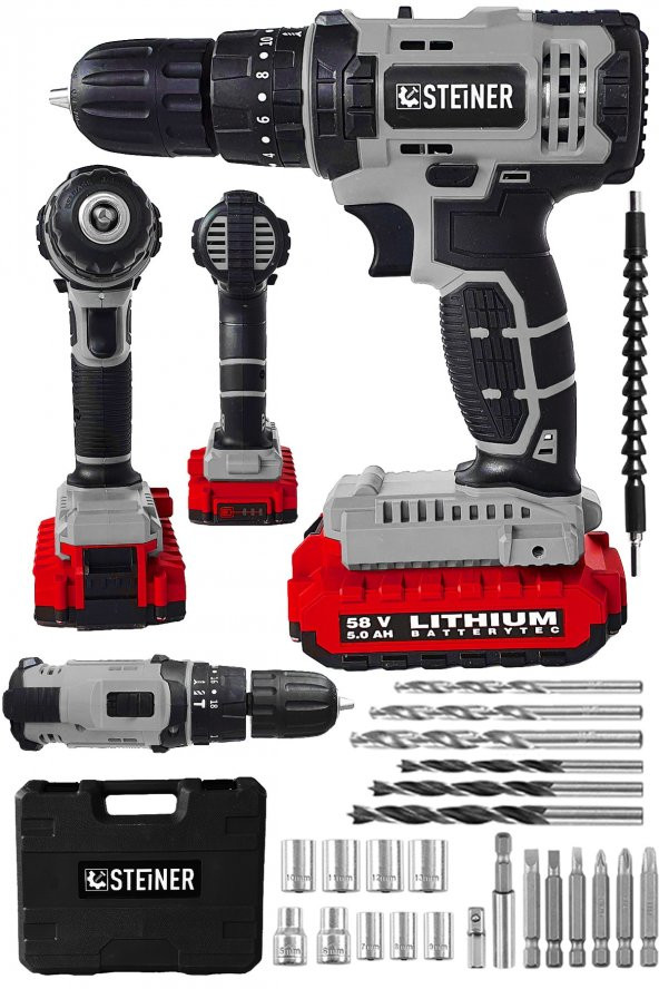 STEİNER Alman 58 V 5 Ah Darbeli Lityum Çift Akülü Sjs Metal Şanzıman Şarjlı Vidalama Matkap 24 Pcs Set ürün görseli 1