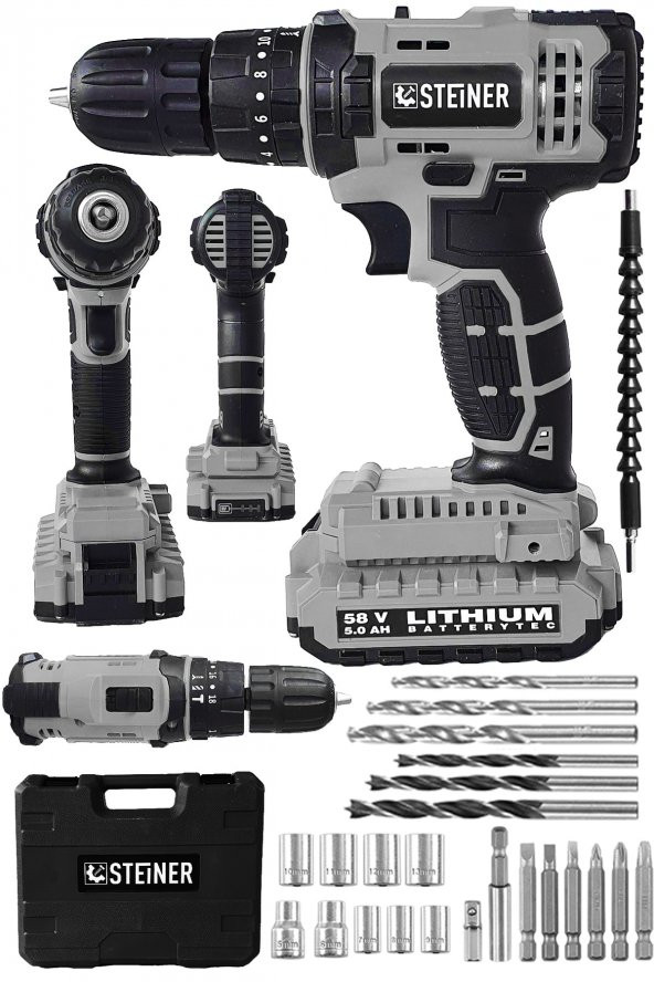 STEİNER Alman 58 V 5 Ah Darbeli Lityum Çift Akülü Sjs Metal Şanzıman Şarjlı Vidalama Matkap 24 Pcs Set ürün görseli 1