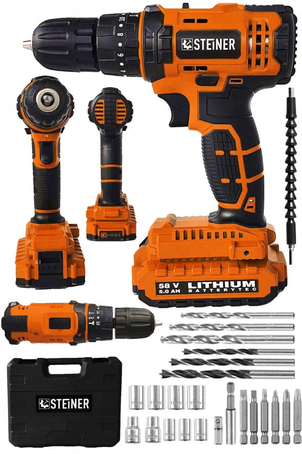STEİNER Alman 58 V 5 Ah Darbeli Lityum Çift Akülü Sjs Metal Şanzıman Şarjlı Vidalama Matkap 24 Pcs Set ürün görseli 1