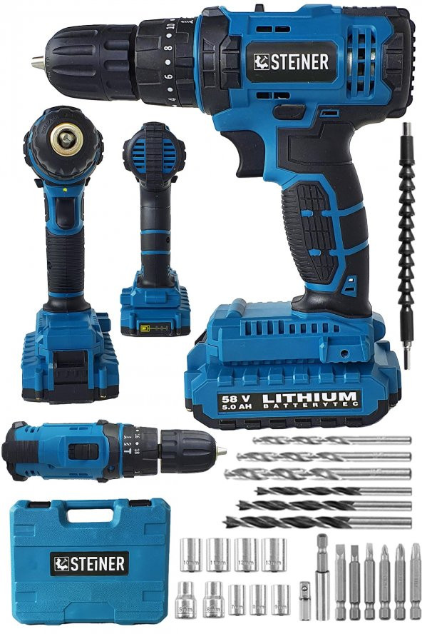 STEİNER Alman 58 V 5 Ah Darbeli Lityum Çift Akülü Sjs Metal Şanzıman Şarjlı Vidalama Matkap 24 Pcs Set ürün görseli 1