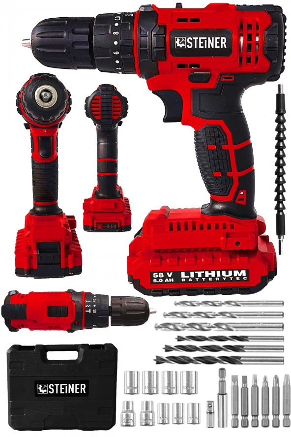 STEİNER Alman 58 V 5 Ah Darbeli Lityum Çift Akülü Sjs Metal Şanzıman Şarjlı Vidalama Matkap 24 Pcs Set ürün görseli 1