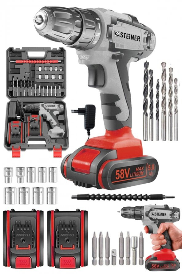 STEİNER Germany Technology 58 V 5 Ah Darbesiz Bakır Sargı Çift Akülü Şarjlı Vidalama 24 Parça Setli ürün görseli 1