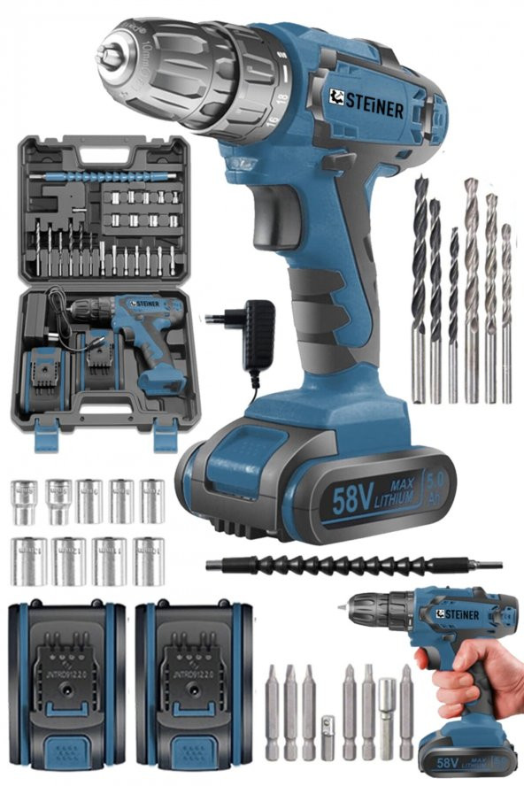 STEİNER Germany Technology 58 V 5 Ah Darbesiz Bakır Sargı Çift Akülü Şarjlı Vidalama 24 Parça Setli ürün görseli 1