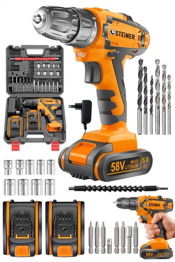 STEİNER Germany Technology 58 V 5 Ah Darbesiz Bakır Sargı Çift Akülü Şarjlı Vidalama 24 Parça Setli ürün görseli 1