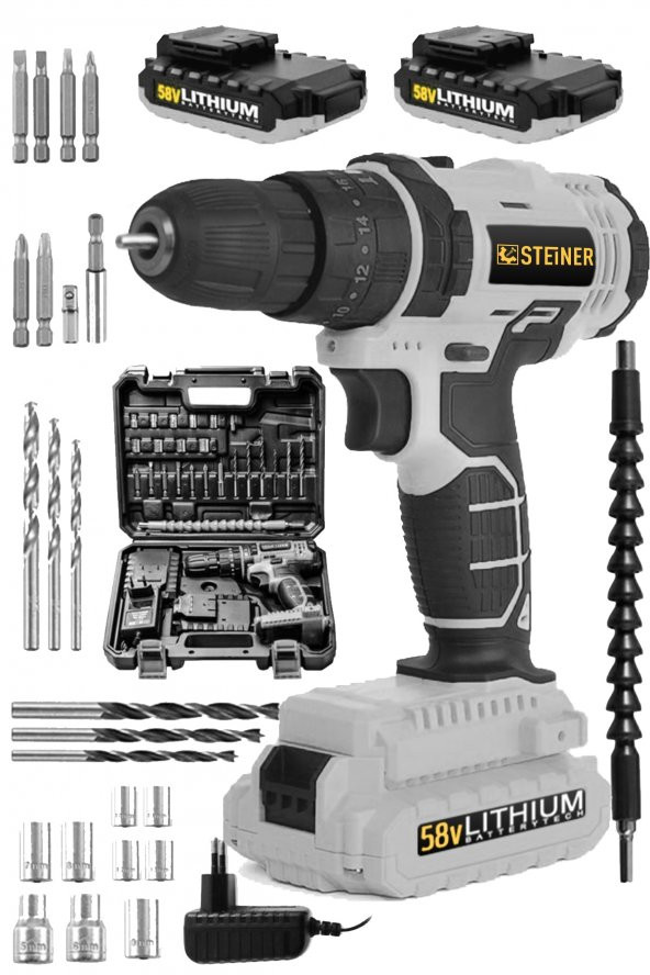 STEİNER Alman Sta 58 V 5 Ah Darbeli Çift Akülü Bakır Sargılı Metal Şanzıman Şarjlı Vidalama Matkap ürün görseli 1