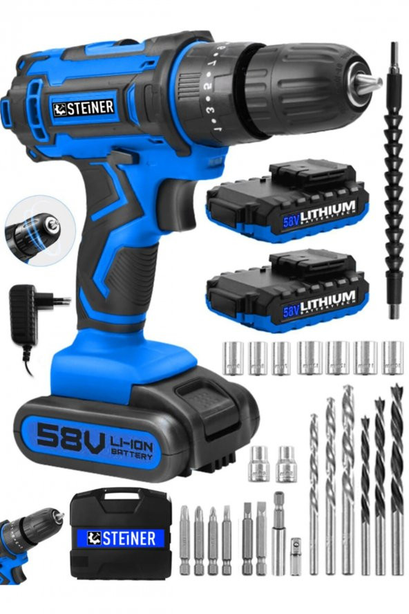 STEİNER Germany Technology Highline 58 V 5 Ah Darbeli Bakır Sargılı Çift Akülü Vidalama Matkap Mavi ürün görseli 1
