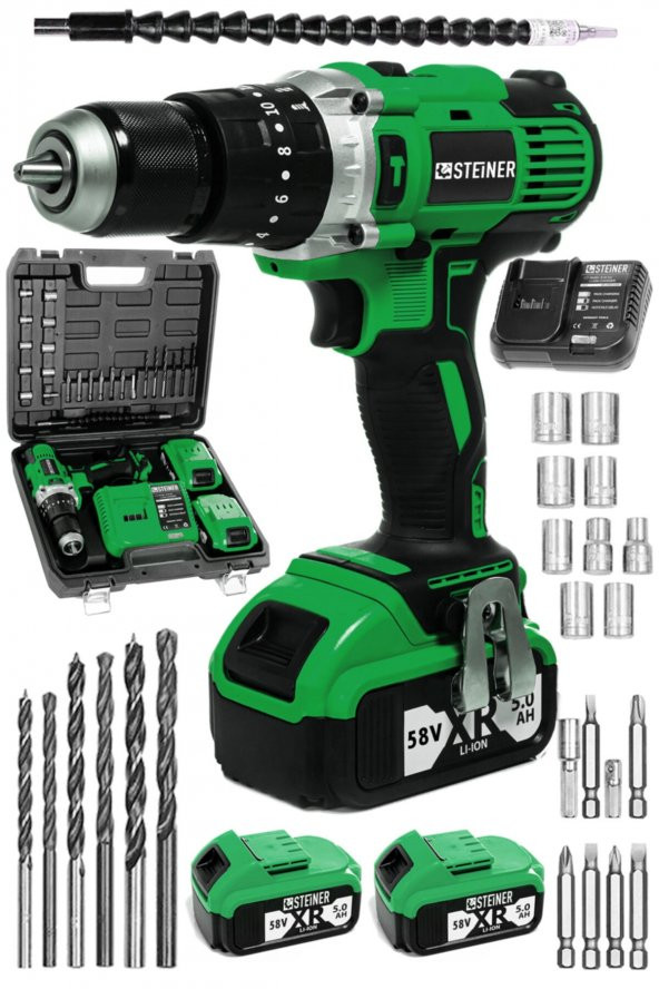 STEİNER Germany Technology Darbeli 13mm 58 V 5 Ah Çift Xr Akülü Şarjlı Vidalama Matkap Yeşil + Set ürün görseli 1