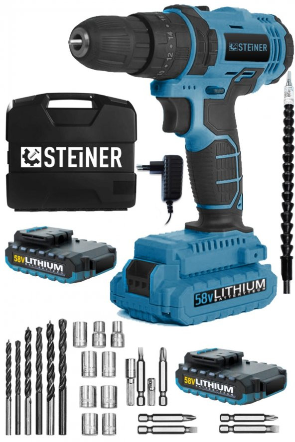 STEİNER Germany Technology Darbeli 58 V 5 Ah Metal Şanzıman Çift Akü Şarjlı Vidalama Matkap Blue Set ürün görseli 1