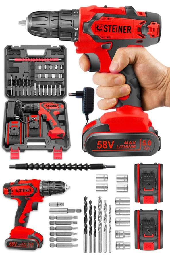 STEİNER Germany Technology Kupfer Darbeli 58 V 5 Ah Çift Akülü Vidalama Matkap Kırmızı 24 Parça Set ürün görseli 1