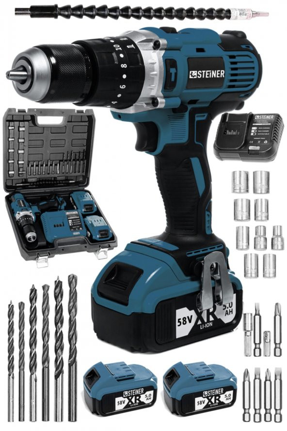 STEİNER Germany Technology Darbeli 13mm 58 V 5 Ah Çift Xr Akülü Şarjlı Vidalama Matkap Darkblue+ Set ürün görseli 1