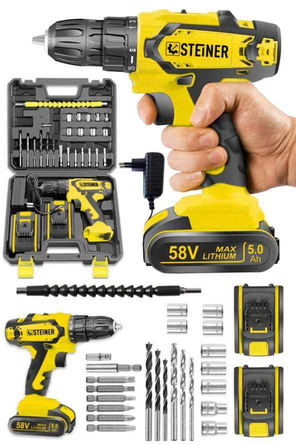 STEİNER Germany Technology Kupfer Darbeli 58 V 5 Ah Çift Akülü Vidalama Matkap Sarı + 24 Parça Set ürün görseli 1