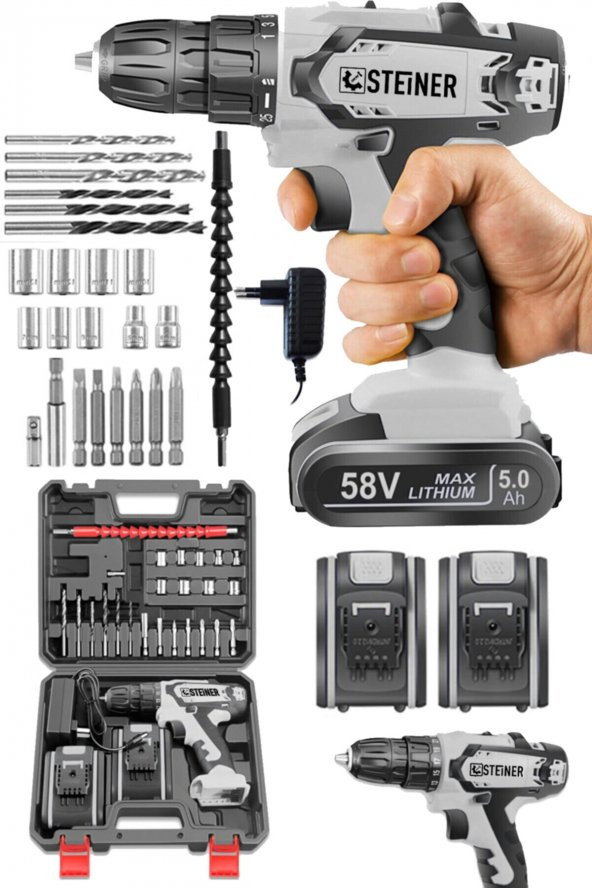 STEİNER Germany Technology Kupfer Darbeli 58 V 5 Ah Çift Akülü Vidalama Matkap Gri + 24 Parça Set ürün görseli 1
