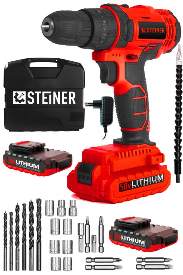STEİNER Germany Technology Darbeli 58 V 5 Ah Metal Şanzıman Çift Akü Şarjlı Vidalama Matkap Red Set ürün görseli 1