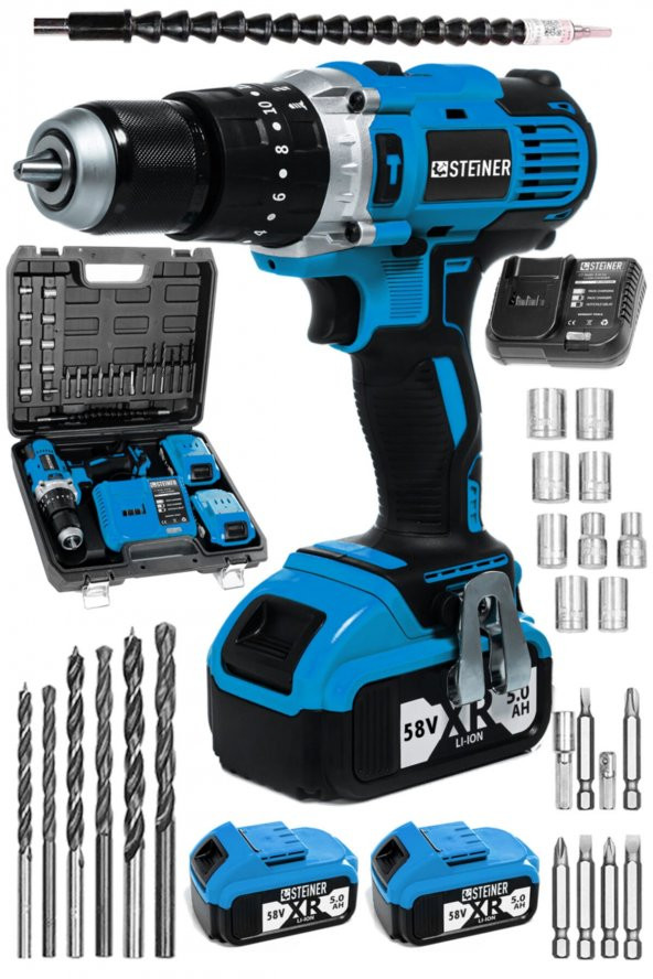 STEİNER Germany Technology Darbeli 13mm 58 V 5 Ah Çift Xr Akülü Şarjlı Vidalama Matkap Mavi + Set ürün görseli 1
