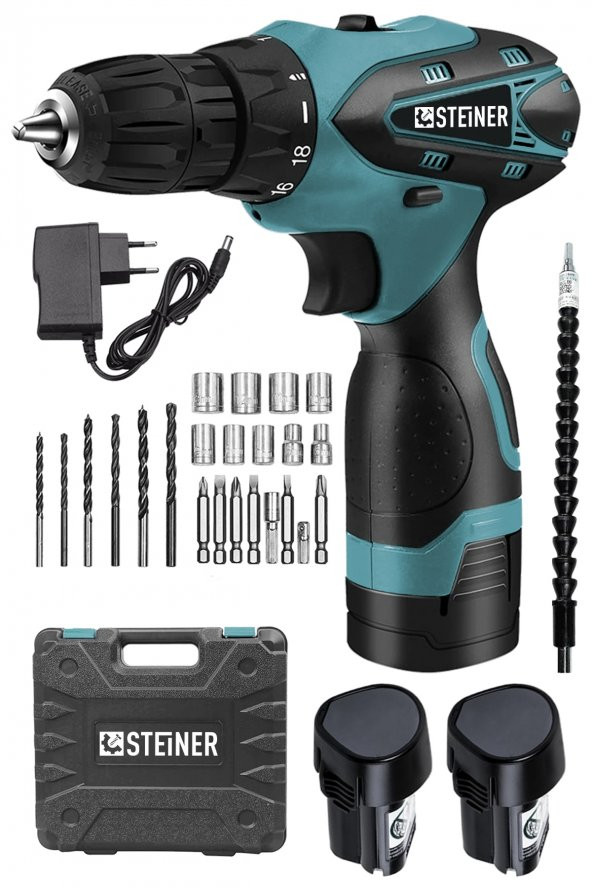 STEİNER Germany Technology 36 V Metal Şanzıman Çift Akülü Şarjlı Vidalama Matkap + 24 Parça Set Mavi ürün görseli 1