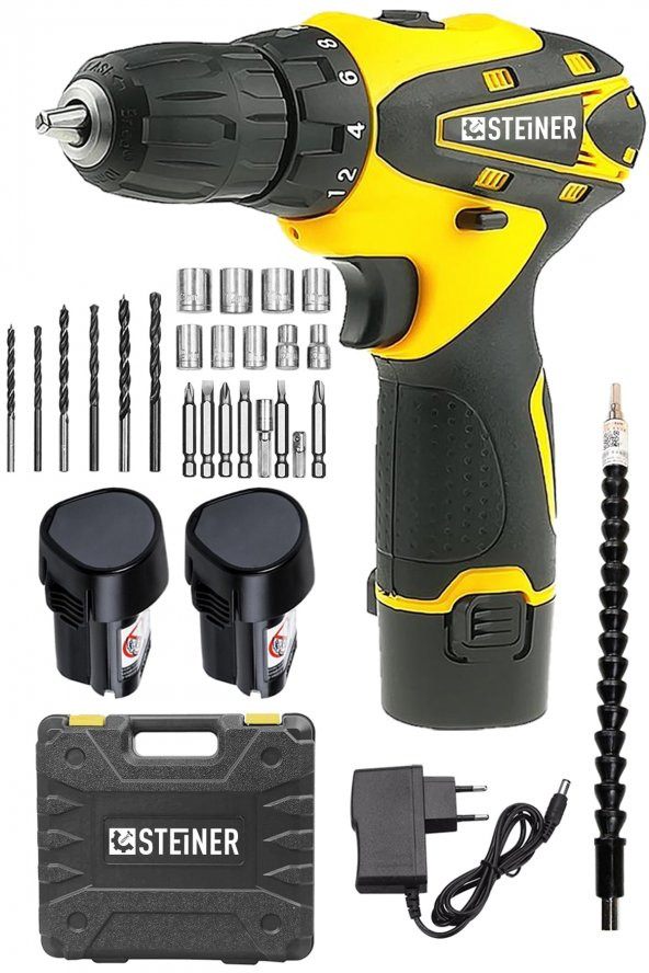 STEİNER Germany Technology 36 V Metal Şanzıman Çift Akülü Şarjlı Vidalama Matkap + 24 Parça Set Sarı ürün görseli 1