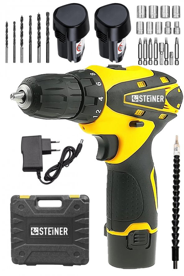 STEİNER Germany Technology 32 V Darbesiz Metal Şanzıman Çift Akülü Şarjlı Vidalama Matkap Sarı + Set ürün görseli 1