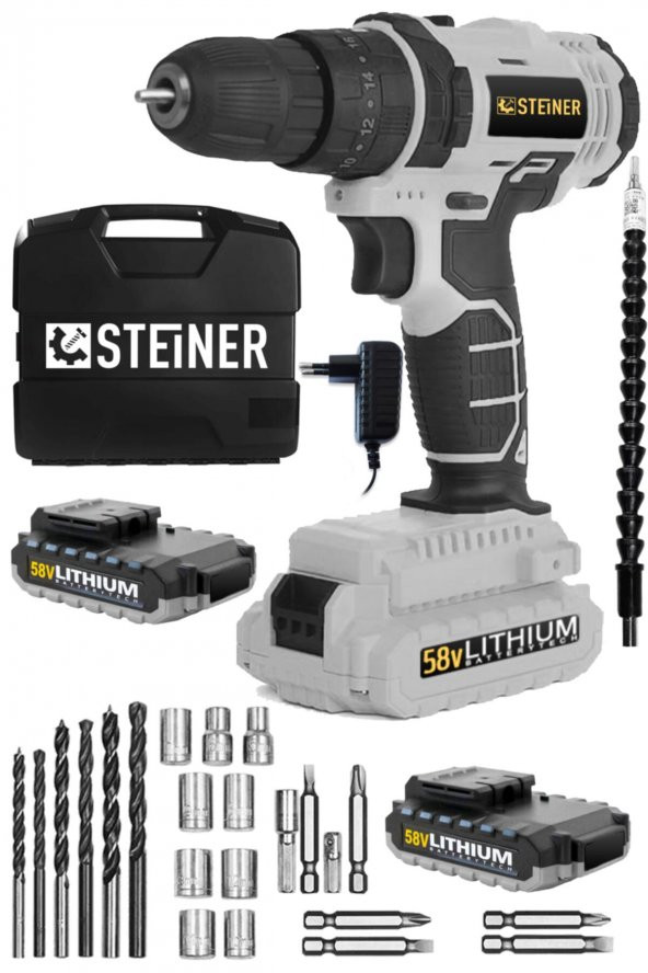 STEİNER Germany Technology 58 V 5 Ah Metal Şanzıman Çift Lithium Akü Şarjlı Vidalama Matkap + Set ürün görseli 1
