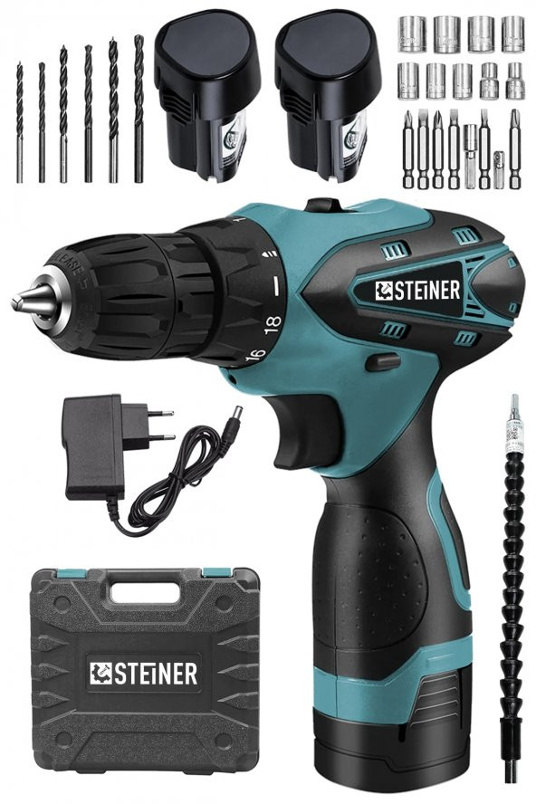 STEİNER Germany Technology 32 V Darbesiz Metal Şanzıman Çift Akülü Şarjlı Vidalama Matkap Mavi + Set ürün görseli 1