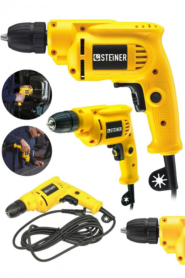 STEİNER Alman 1400 Watt 10 Mm Professional Bakır Sargılı Kablolu Darbesiz Vidalama Matkap Sarı ürün görseli 1