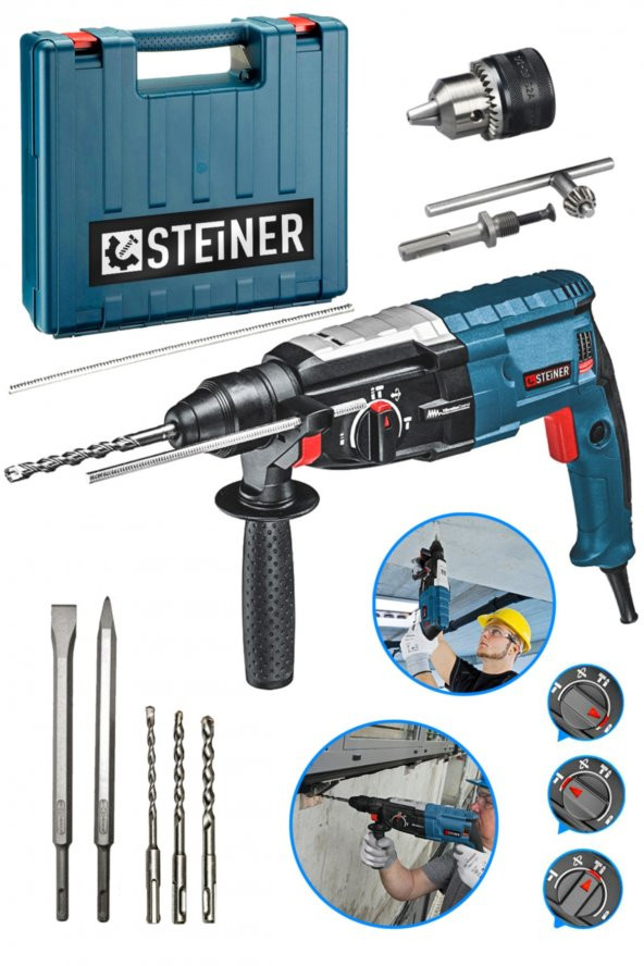 STEİNER Alman 4000 Watt Profesyonel Kırıcı Delici Hilti Darbeli Matkap Gri + 5 Adet Uç + Mandren ürün görseli 1